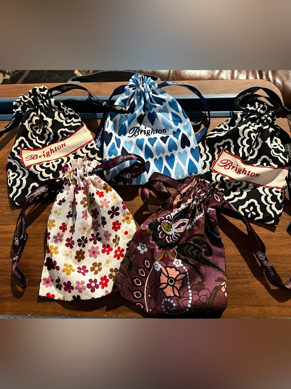 Brighton Lot of 5 Jewelry Drawstring Dust Bags Hearts Flowers Classic